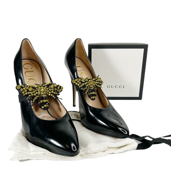 Gucci Shoes - GUCCI Elaisa Polished Calfskin Crystal Bee Stiletto Pumps